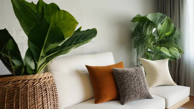 White sofa adorned with textured cushions flanked by large fiddle leaf figs in woven baskets. Neutral tones and natural elements create a serene, modern living space.	