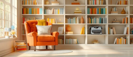 Cozy Reading Nook with Orange Armchair and Bookshelves