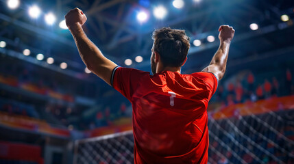 Victorious football player raises hands in the air after winning the football league in the stadium.
Football player determined towards victory. Footballer triumphant pose. Banner, poster
