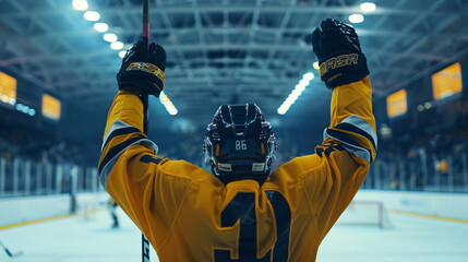 Professional Ice Hockey Player Celebrating Victory, Raising Arms in Triumph on the Ice - Flyer, Banner, Ad, Poster.
