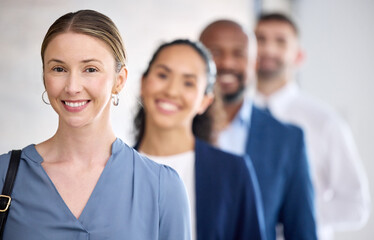 Female leader, business people and company with portrait for management in corporate, smile in office for finance. Group, diversity and leadership for accounting staff in workplace with happiness