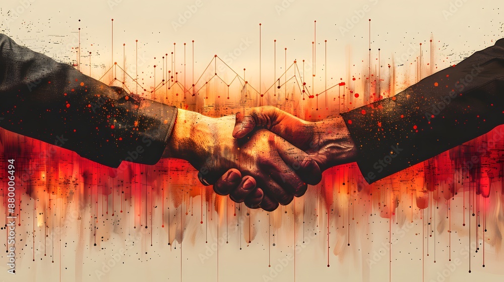 Poster two people shaking hands in a painting with a red background - generative ai