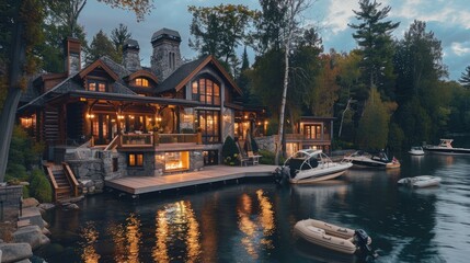 Fototapeta premium A luxurious lakeside chalet with a wraparound deck, cozy fireplace, and boats gently bobbing in the water nearby.