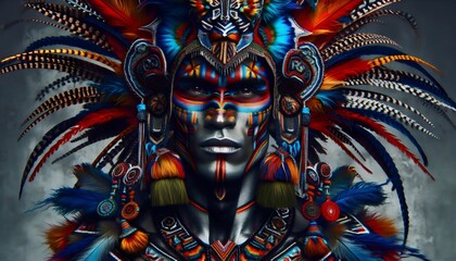 Obraz premium Indígenas Latinoamericanos, arte, digital, surrealismo, retrato, étnico, indígena, exótico, plumas, tribal, realismo, fotográfico, maquillaje, artístico, moda, vibrante, fantasía, detalles, ornamental