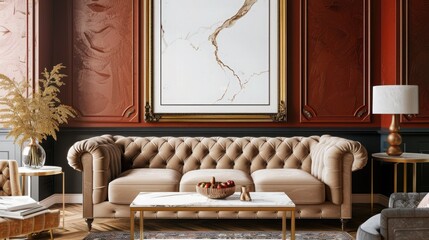 A luxurious living room with an abstract frame poster, a velvet sofa, a marble coffee table, and elegant gold accents throughout the space.