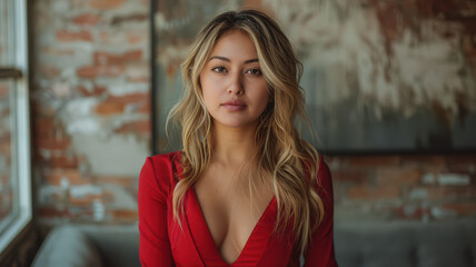 pretty female hair stylist model wearing a beautiful dress business suit created with Generative AI technology