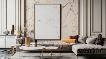 A luxurious living room with an abstract frame poster, a velvet sofa, a marble coffee table, and elegant gold accents throughout the space.