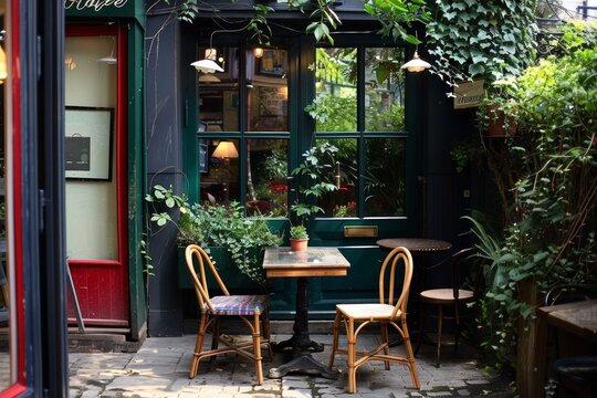 Charming french inspired ambiance at a cozy cafe corner, perfect for a quaint and relaxing vibe