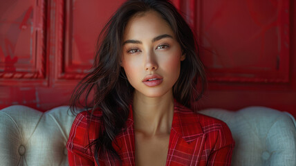 pretty female hair stylist model wearing a beautiful dress business suit created with Generative AI technology