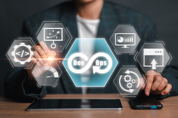 Futuristic DevOps concept showcasing technology icons for software development and IT operations, emphasizing integration and automation.