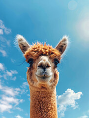 Obraz premium Curious alpaca looking at the camera against the background of a bright blue sky with clouds vertical with space for text or inscriptions 