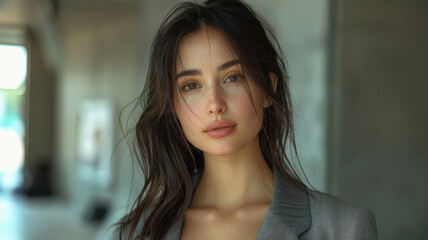 pretty female hair stylist model wearing a beautiful dress business suit created with Generative AI technology