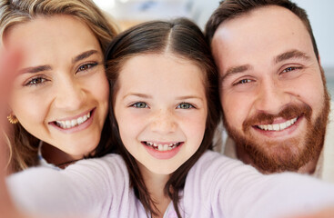 Selfie, family and face of girl, home and profile picture of happy parents, smile and bonding. House, man and woman with memory of love with girl, joy and photography of kid with mom and dad