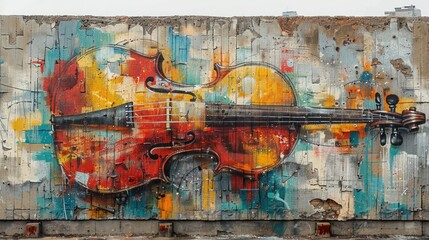 Colorful Violin Mural on Urban Wall