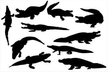 Set of vector crocodile silhouette stock illustration.