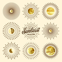 Vintage sunburst, sunset beams. Gold foil, shiny handmade circles. Golden glittering texture, pattern. Hand drawn bursting sun, light rays. Logotype or lettering, retro style. Vector illustration
