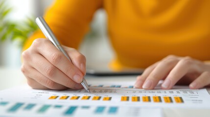 Focused Woman Analyzing Business Data with Pen