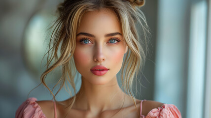 pretty female hair stylist model wearing a beautiful dress business suit created with Generative AI technology