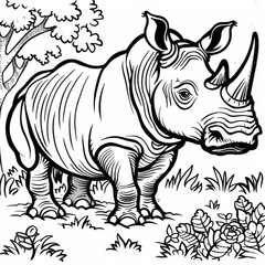 Fototapeta premium Black and white illustration of a rhinoceros standing in nature, featuring detailed botanical surroundings.