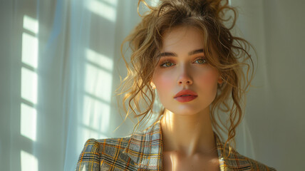 pretty female hair stylist model wearing a beautiful dress business suit created with Generative AI technology