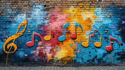 Colorful Music Notes Graffiti on a Brick Wall