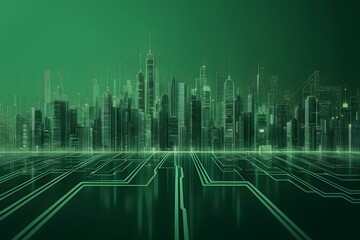 An abstract, wallpaper-esque image featuring a green circuit board cityscape.