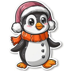  Sticker, penguin with earmuffs building a snowman in the style of cartoon style on a white background, Drawn in a cutely cute style
