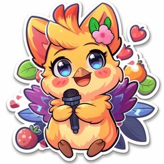  Sticker, rooster with a microphone in the style of cartoon style on a white background, Drawn in a cutely cute style