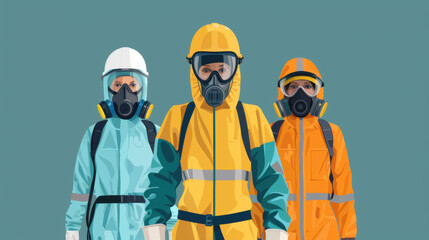 Illustration showing three workers wearing colorful hazmat suits and protective masks, ready for hazardous tasks.