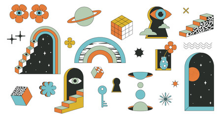 Surrealism elements psychedelic modern. Surreal geometric abstract shapes. Arch, staircase, rainbow. Vector shapes in trippy style. Window and vase with flower. Set. Illustration on white background.