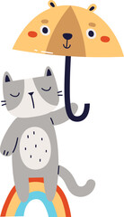 Cat On Rainbow With Umbrella