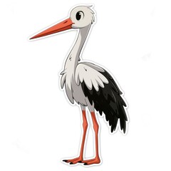 Fototapeta premium Sticker, stork with a baby bundle in the style of cartoon style on a white background, Drawn in a cutely cute style