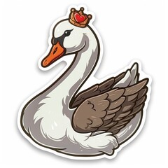 Obraz premium Sticker, swan with a crown swimming in the style of cartoon style on a white background, Drawn in a cutely cute style