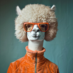 Animal lama in orange jacket. Representative of fauna in sunglasses. Funny llama on turquoise background