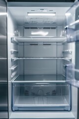 Fototapeta premium Empty refrigerator with open door. Refrigerator for storing food. Cold rooms with nothing