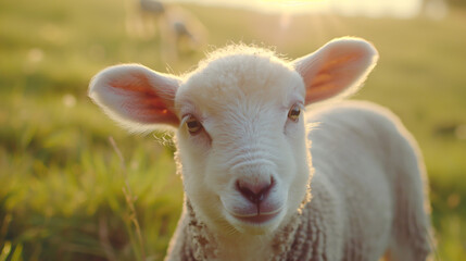 White sheep. Lamb stands in meadow and looks at screen. Sheep grazing in green field