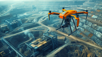 Quadcopter with camera flies over mining site. Drone over quarry for stone extraction. Mineral extraction technologies.