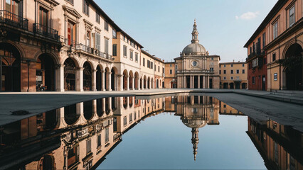 Naklejka premium arafed view of a building with a clock tower reflected in a puddle