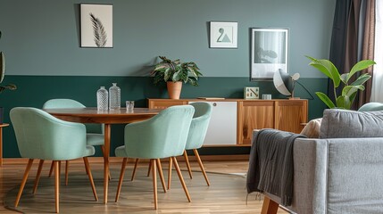 A mid-century modern living space with mint chairs at a round wooden dining table, a cozy sofa, and a sleek cabinet near a green accent wall, highlighted by natural light and simple, elegant decor.