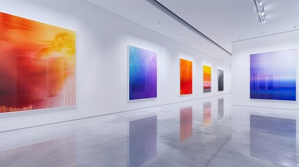 A minimalist art gallery with sleek white walls, showcasing large, colorful paintings, each piece perfectly lit to stand out in the clean, modern space.