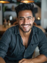 A person smiling and looking directly into the camera while seated at a table