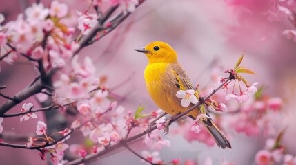 A beautiful Prothonotary warbler bird perched on a flowering tree, with pink blossoms surrounding it...