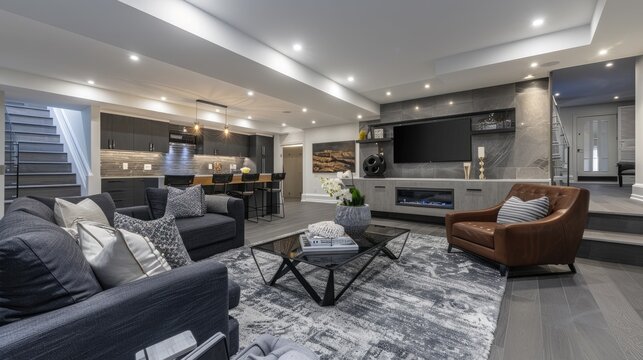 A modern basement interior design in a new house with a focus on functionality and style, featuring sleek furniture and sophisticated decor.