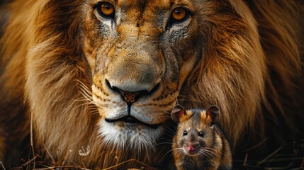 A lion and a mouse are standing next to each other.