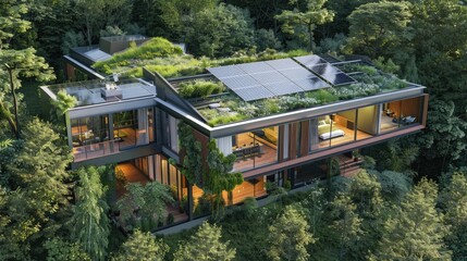 Naklejka premium A modern eco-friendly home with solar panels, a green roof, and a seamless blend into the surrounding forest.