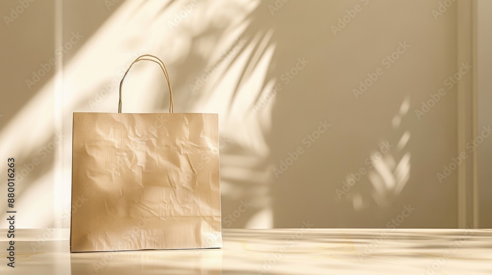 Poster paper bag with handles on table with light background