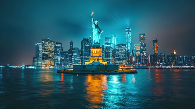 Twilight in the Big Apple: Aerial View of Statue of Liberty and Manhattan Lights