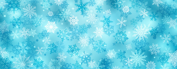 Naklejka premium Christmas background of beautiful complex snowflakes, in light blue colors. Winter illustration with falling snow.