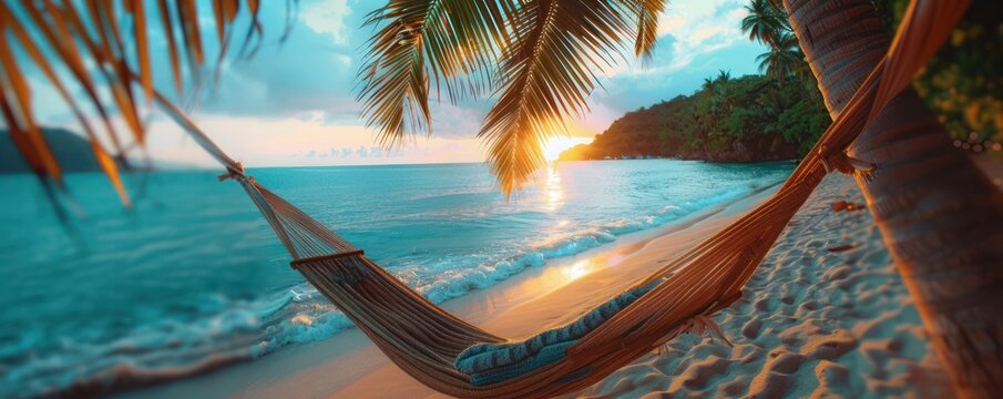 Relaxing in a Hammock Under Palm Trees on a Tropical Beach with a Breathtaking Sunset Backdrop, Perfect for Vacation, Travel, and Relaxation