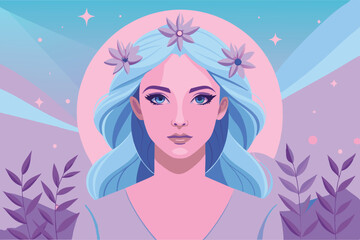 Illustration of woman with wreath of flowers under night sky with stars